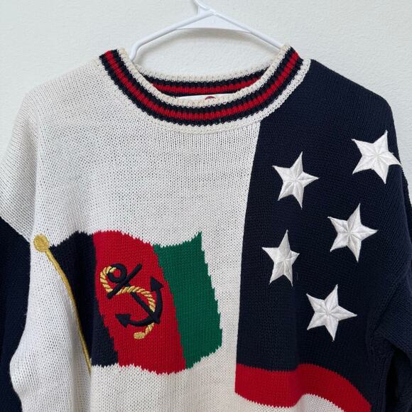 Vintage 90s American Flag Patriotic Sweater Nautical Medium Red White Blue - Picture 3 of 7